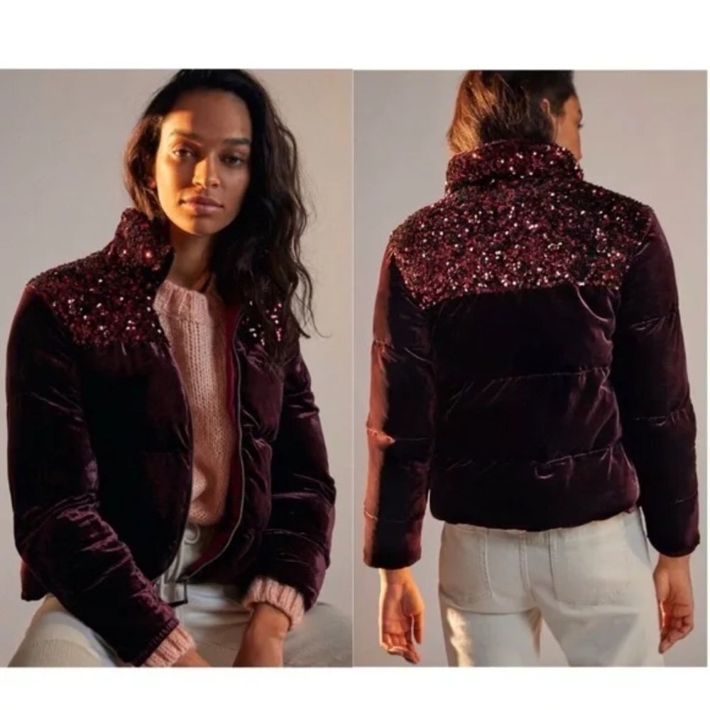 NWT Anthropologie | Vera Sequined Velvet Puffer Jacket Size Small